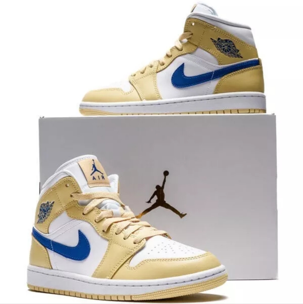 Nike Air Jordan 1 Mid Sneakers Lace Up Women's Pastel Yellow White Lemon Blue 8